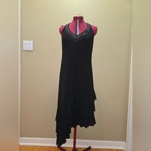 Onyx Nite Black Asymmetrical Dress with Embellished Neckline